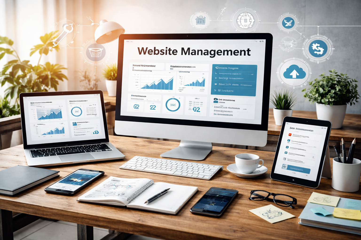 website management services displayed on three different screen sizes on desk