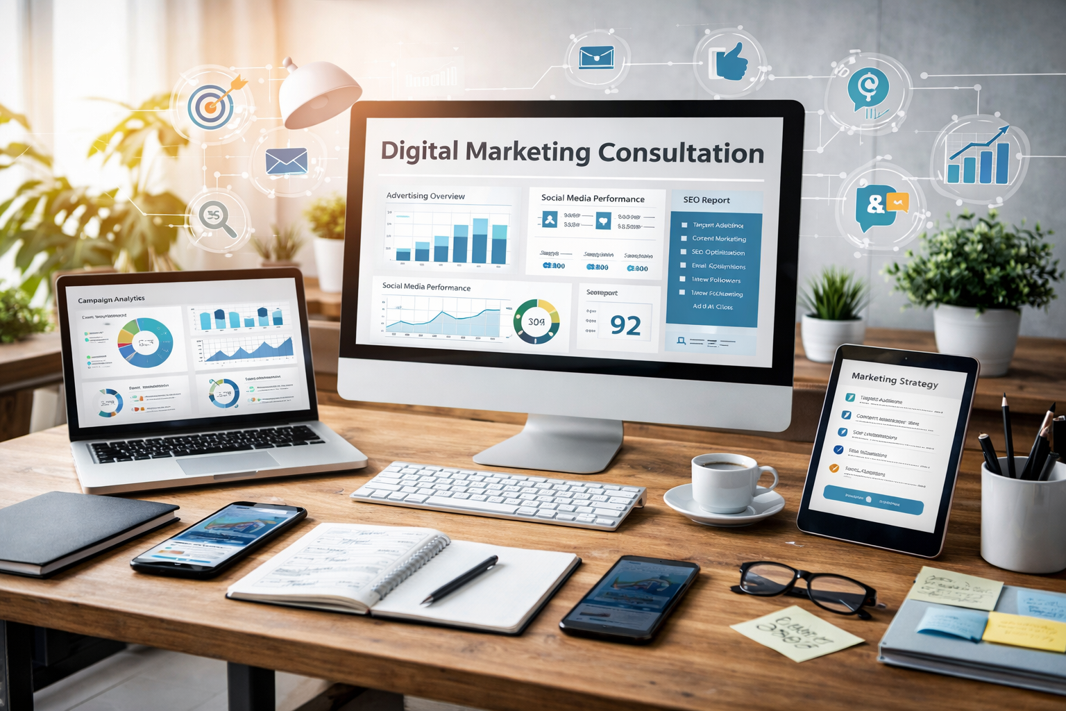Digital Marketing Consultation on monitor sitting on wooden desk