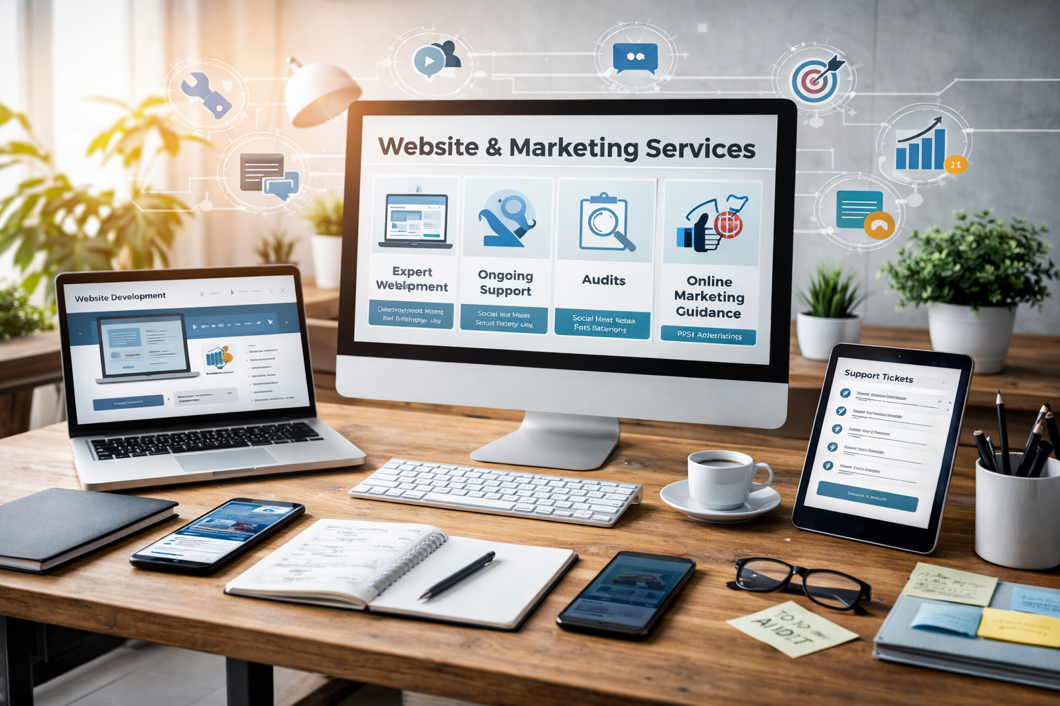 website and marketing services displayed on three different screen sizes on desk