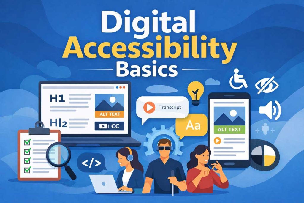 Illustration of “Digital Accessibility Basics” showing a laptop and smartphone with features like alt text, captions, and transcripts, alongside diverse people using assistive technologies such as screen readers and sign language, with accessibility icons in the background.