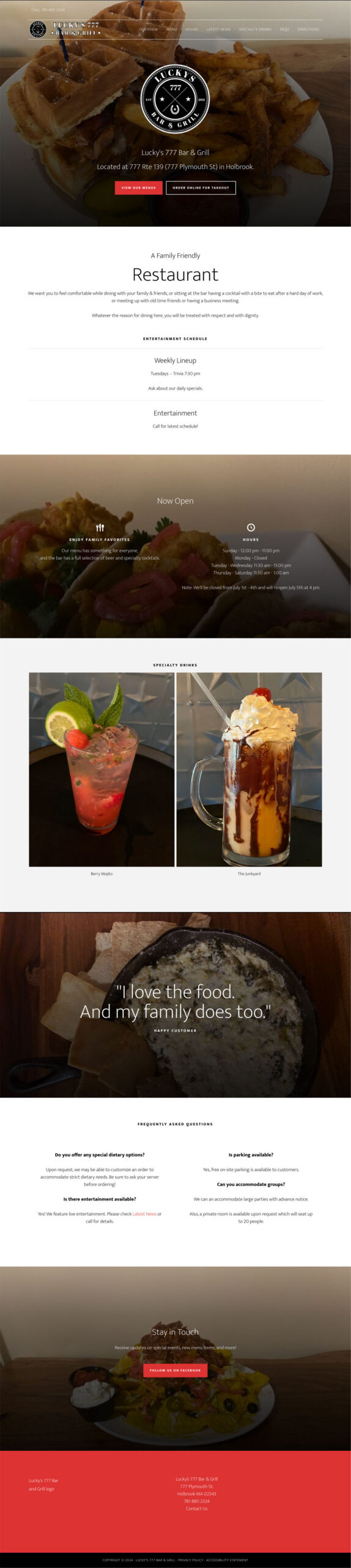 screenshot of Lucky’s 777 Bar & Grill website homepage