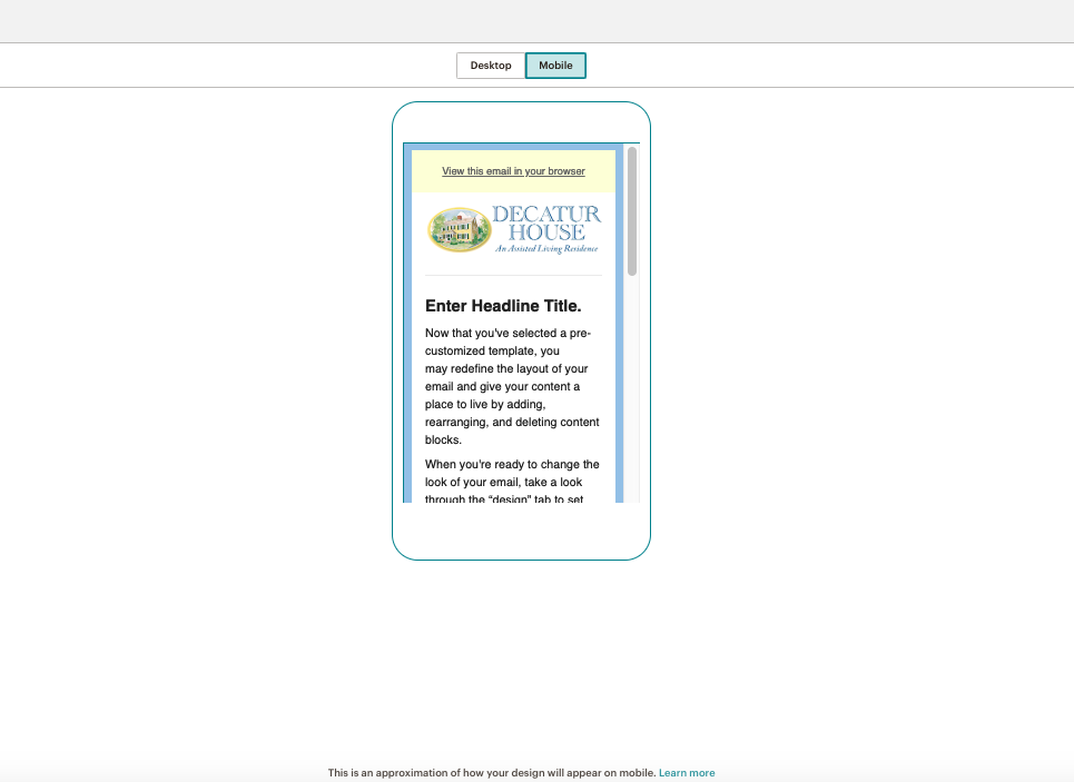Mobile view of email template for Decatur House