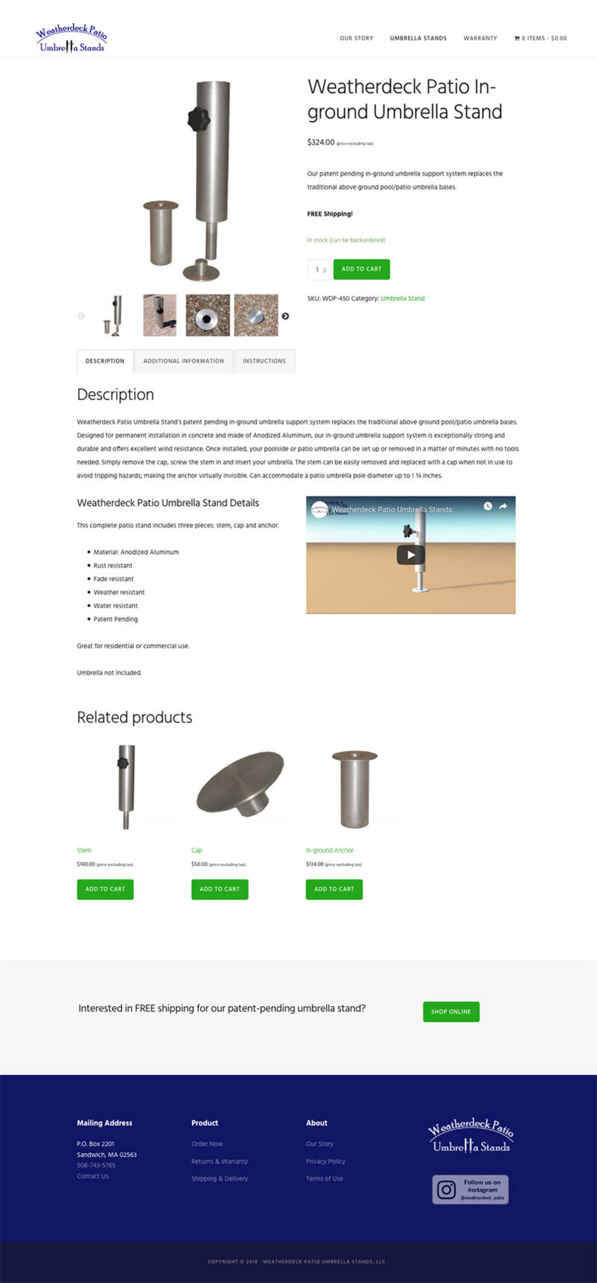 screenshot of Weatherdeck Patio Umbrella Stands website product page